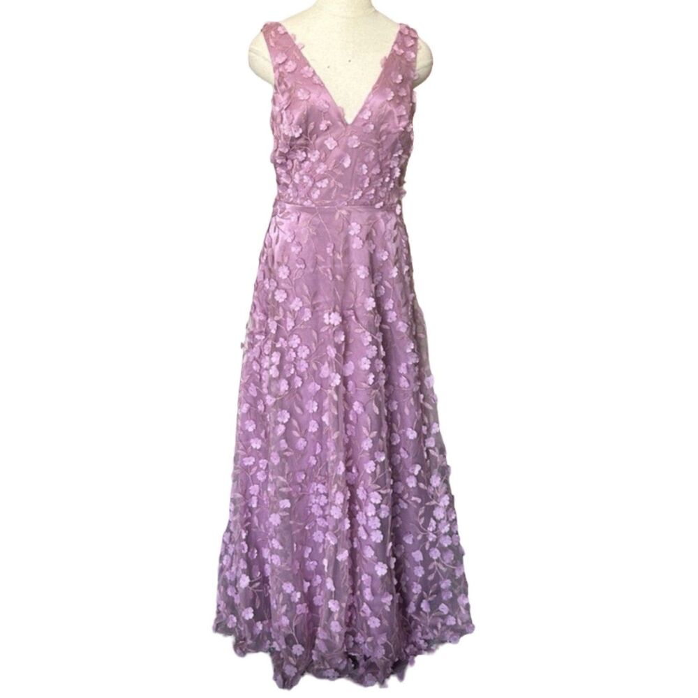 Eliza J Purple Floral Appliquéd V Neck Gown Sleeveless Long Zip Dress Size 12